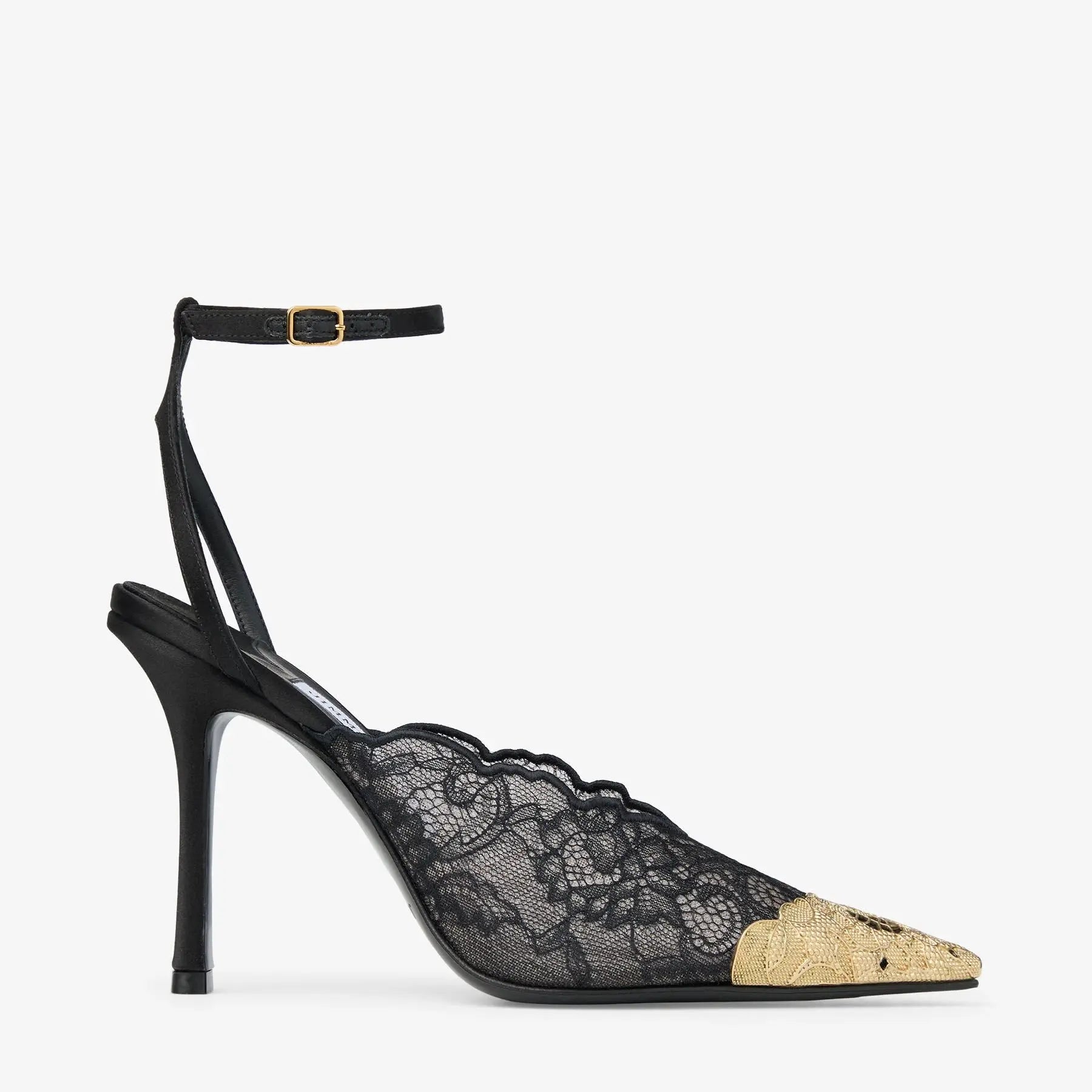 Escarpins Faiz 100 stiletto dentelle noire bout doré vue côté OnlyHeels